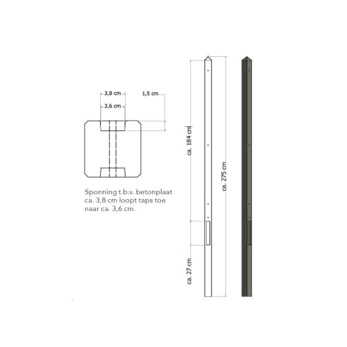 Betonpaal glad met diamantkop 10x10x310 cm gecoat tussenpaal